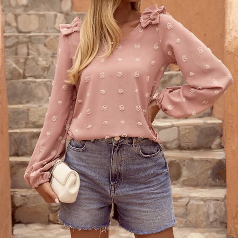 Blush Pink Swiss Dot Shoulder Ruffle V-Neck Top